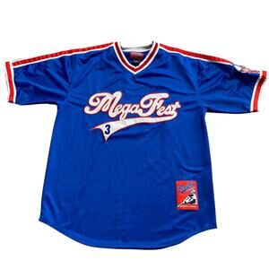 Vintage Mega Fest Script Font Blue Baseball Jersey SS Shirt Men's Size Large L